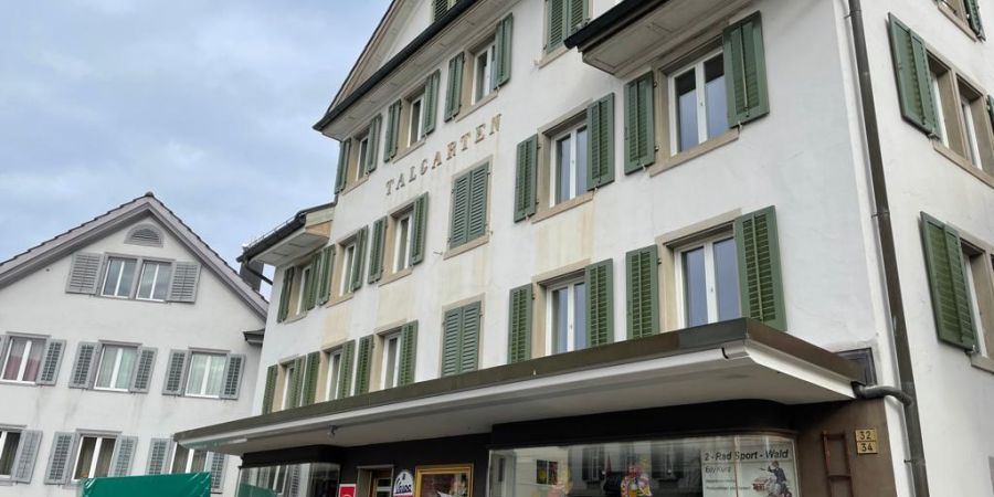 Aussenfassade-Malerarbeiten-Wohn-und-Geschaeftshaus-Heimatschutz-Goldschriftimitat-vorher